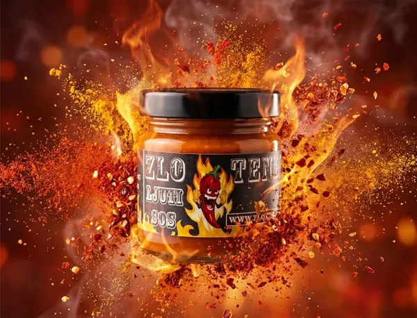 Zlotenica ljuti sos od najljućih paprika Teglica Zlotenica ljutog sosa u eksploziji vatre sa natpisom Nadam se da imate dovoljno mleka.