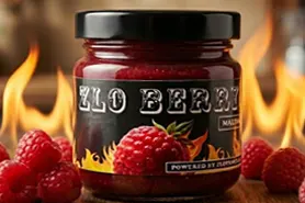 Teglica Zlo Berry ljutog sosa od maline i habanero paprike na crnoj pozadini.